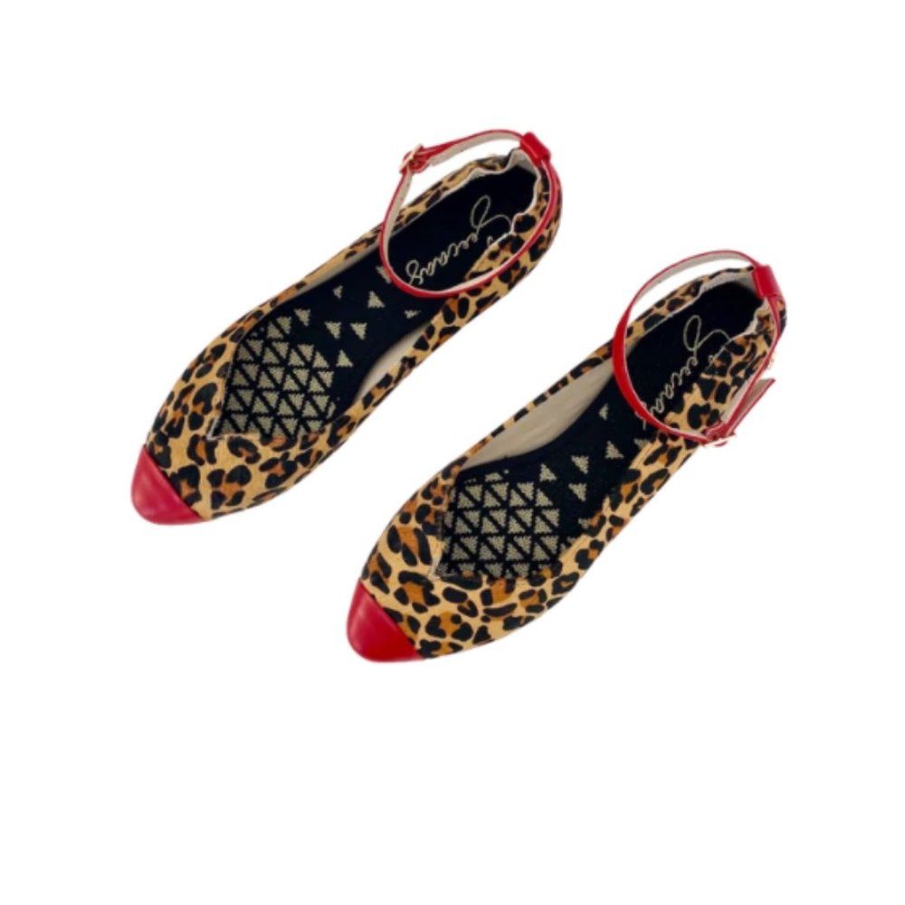 Red- Toe Cap Eco -friendly Luxury Leopard Flat Shoe, WASHABLE INSOLES, sz 8